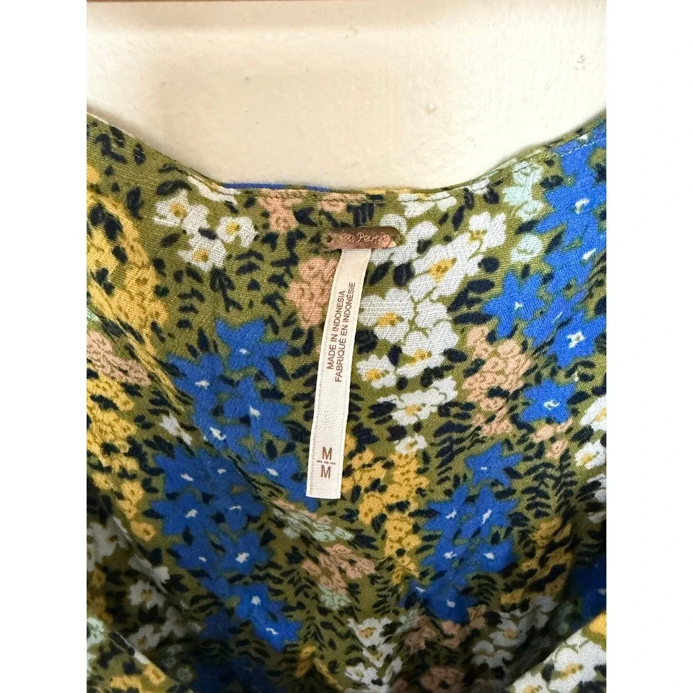 Free People Floral Mini Dress Blue Yellow Cutout Tie Shoulder Womens Size Medium